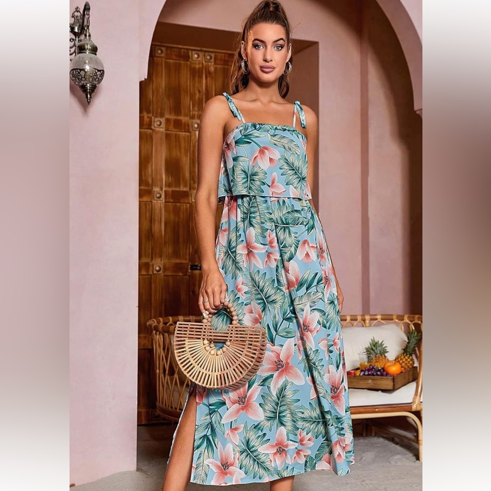 NEW Tropical Leaf Floral Flower Sleeveless Maxi Boho Dress